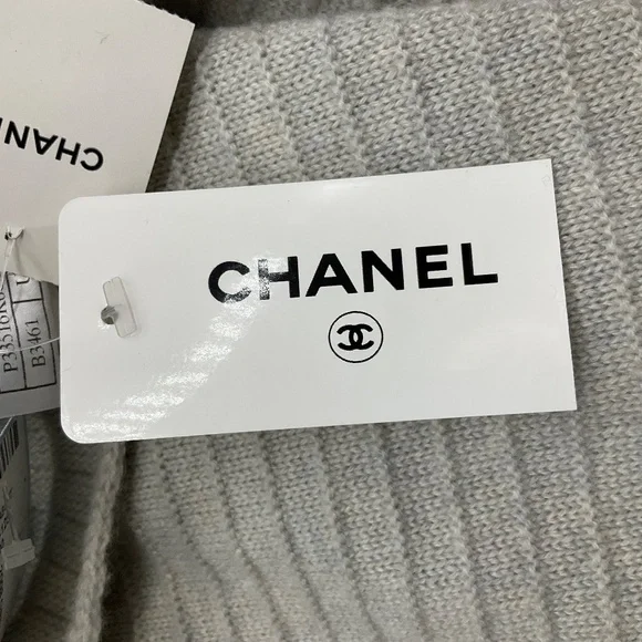 CHANEL SILVER / GREY / NAVY 2008 FRINGED CASHMERE KNIT SCARF - Picture 10 of 16